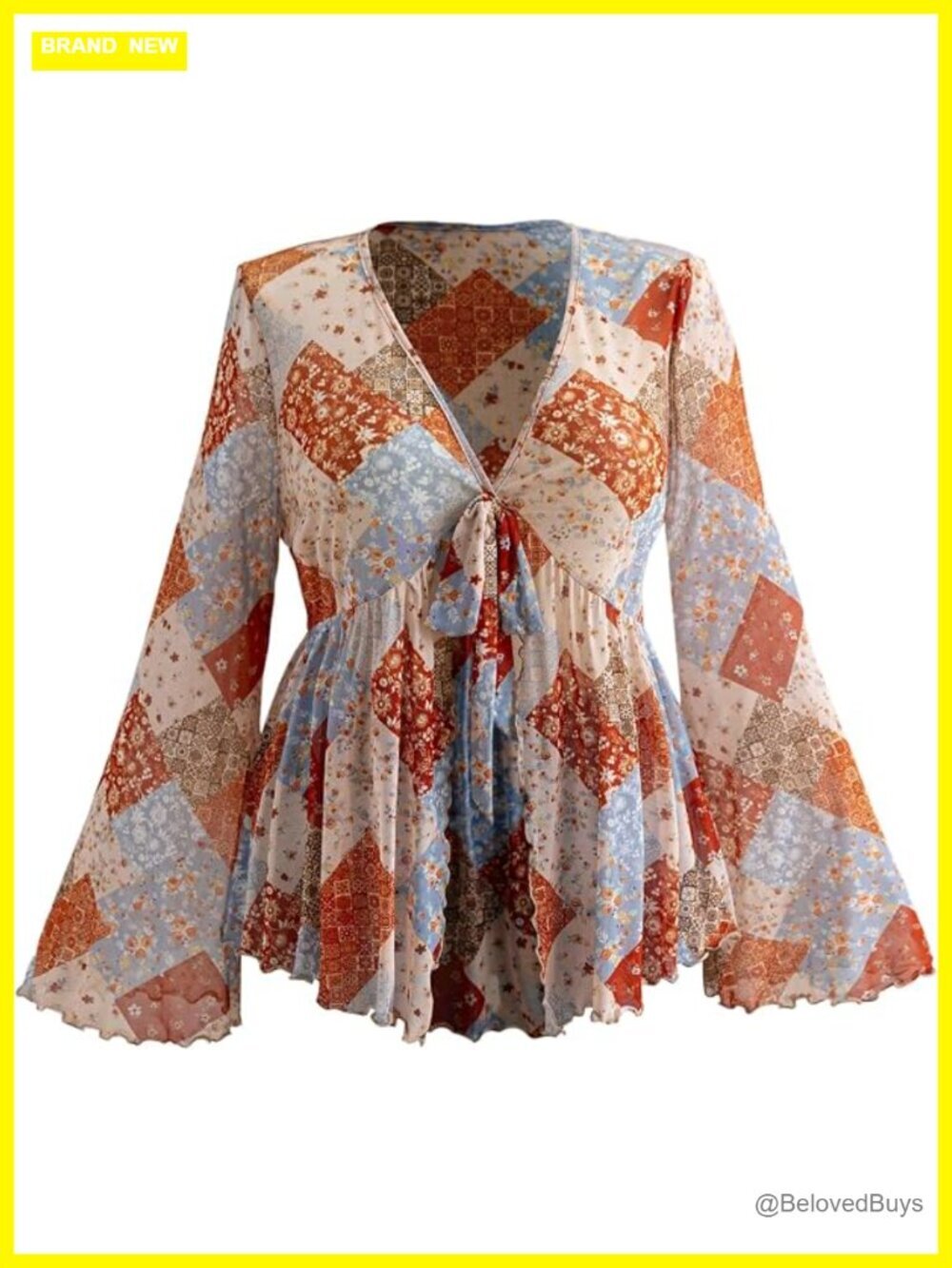Plus Size Bell Sleeve Boho Peplum Top V-Neck Tribal Print Blouse